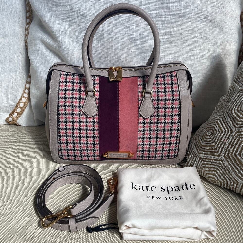 KATE SPADE Houndstooth Pink  Purple Suede Leather Satchel | Crossbody